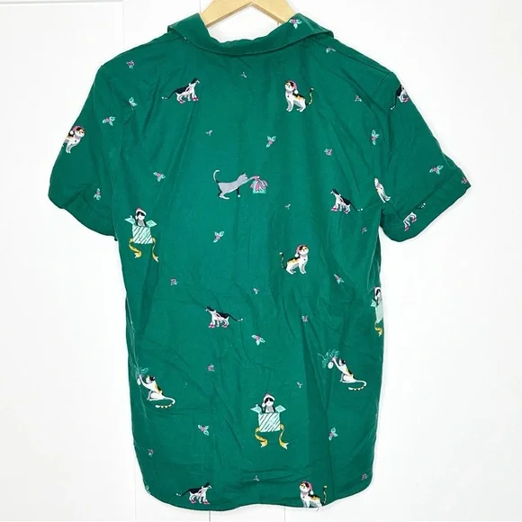 LOFT flannel kitten Cat Christmas pajamas Medium Green short sleeve pants button - Picture 9 of 16